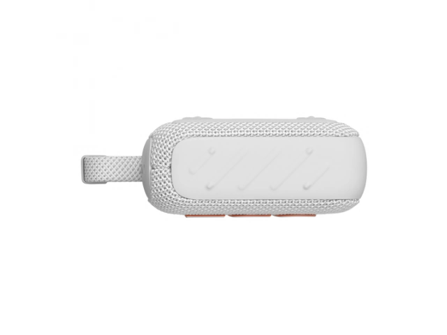 Vista lateral del JBL Go 4 White destacando su estructura robusta y botones de control.