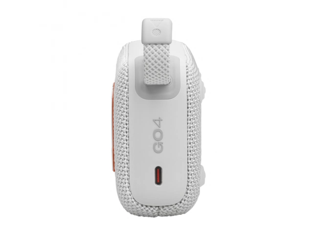 Vista lateral del JBL Go 4 White destacando su estructura robusta y botones de control.