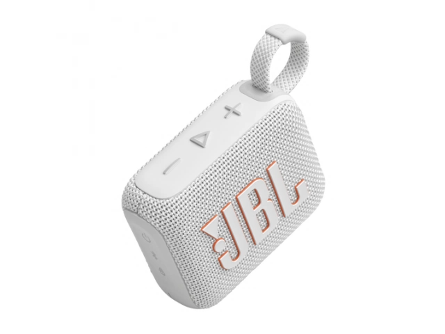 Vista superior del JBL Go 4 White mostrando el logo y la textura de la malla.