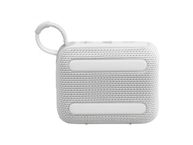 Parte trasera del parlante JBL Go 4 White con detalles del puerto de carga USB-C.