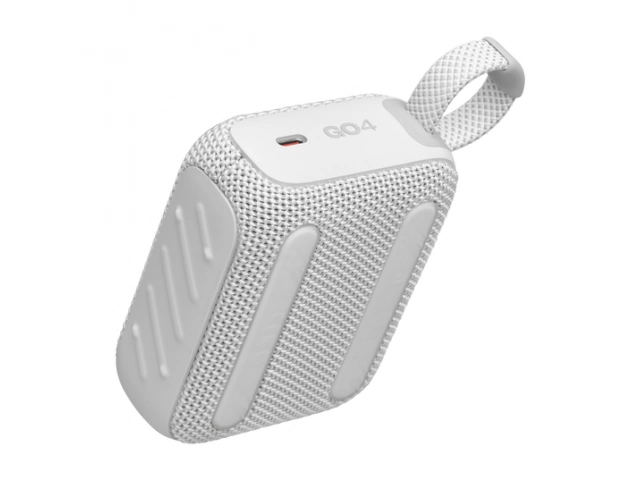 Parte trasera del parlante JBL Go 4 White con detalles del puerto de carga USB-C.