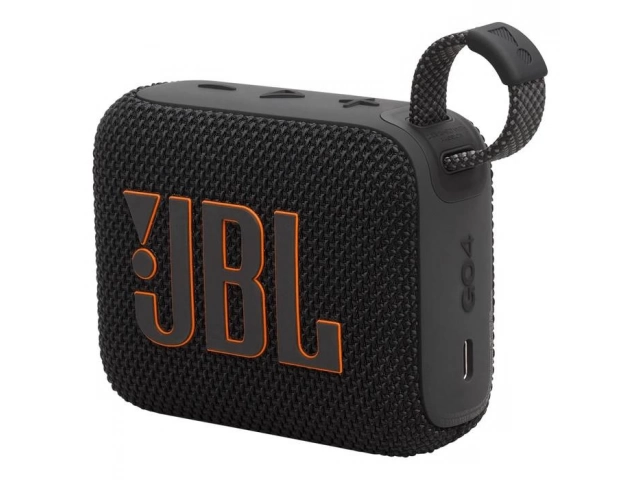 Vista frontal del parlante JBL Go 4 Black mostrando su diseño compacto y logo JBL en relieve.
