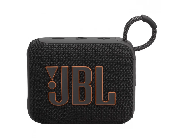 Vista frontal del parlante JBL Go 4 Black mostrando su diseño compacto y logo JBL en relieve.