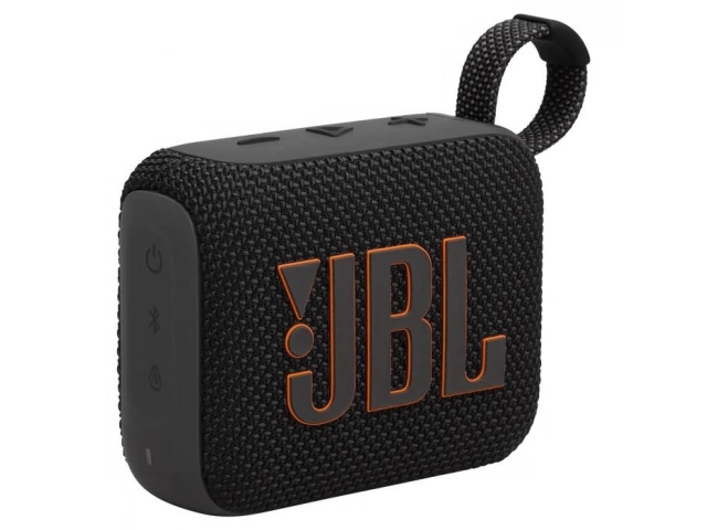 Vista frontal del parlante JBL Go 4 Black mostrando su diseño compacto y logo JBL en relieve.