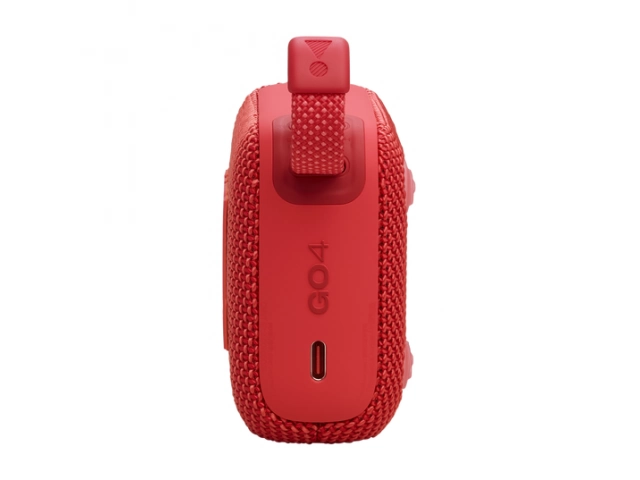 Parlante JBL Go 4 rojo conectado vía Bluetooth a un smartphone.