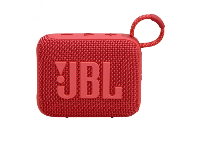 Parlante JBL Go 4 rojo visto de frente, diseño compacto y moderno.