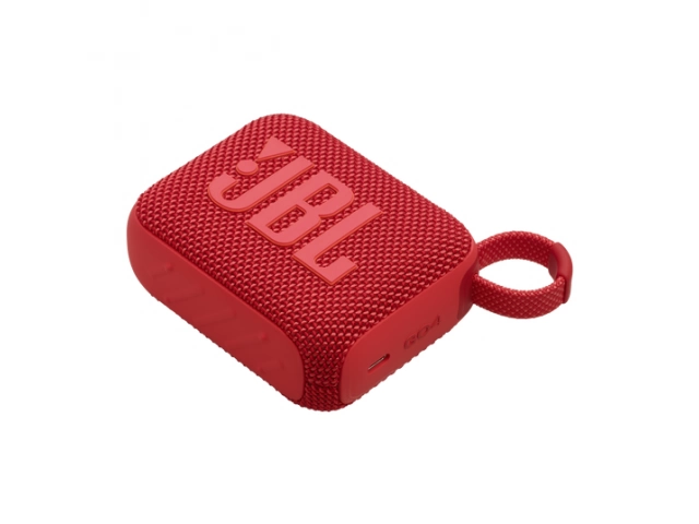 Vista superior del JBL Go 4 rojo, destacando los controles y el asa integrada.