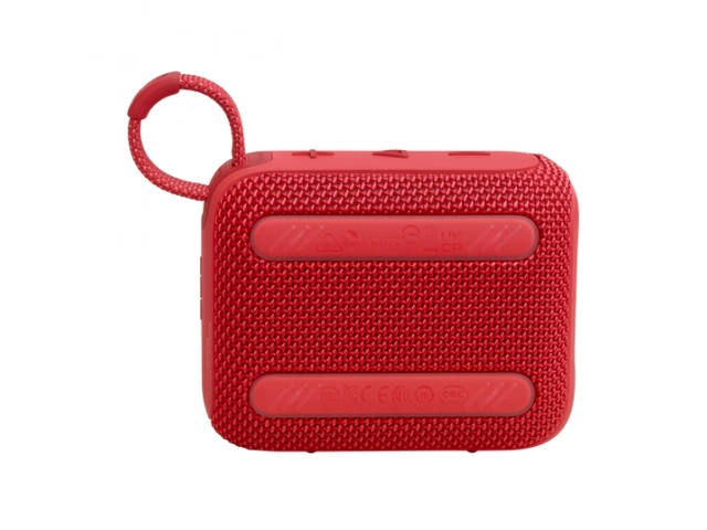 Parte trasera del parlante JBL Go 4 rojo, con detalles de su estructura resistente.