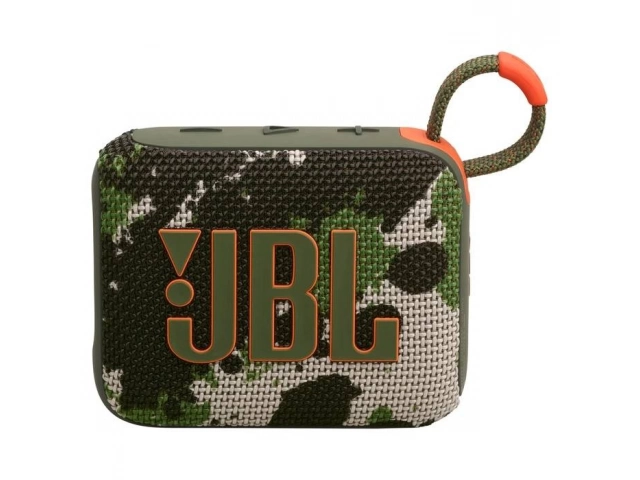 Vista frontal del JBL Go 4 Squad con diseño camuflado y logo JBL prominente.