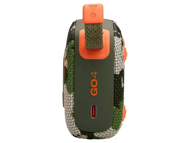 Vista trasera del JBL Go 4 Squad mostrando el puerto USB-C y la correa integrada.