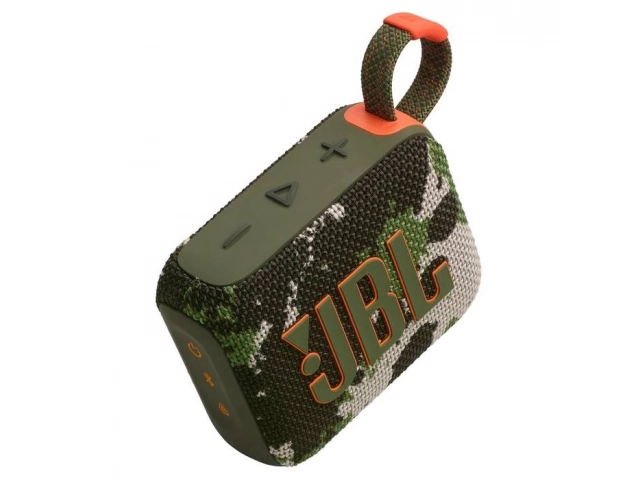Vista trasera del JBL Go 4 Squad mostrando el puerto USB-C y la correa integrada.