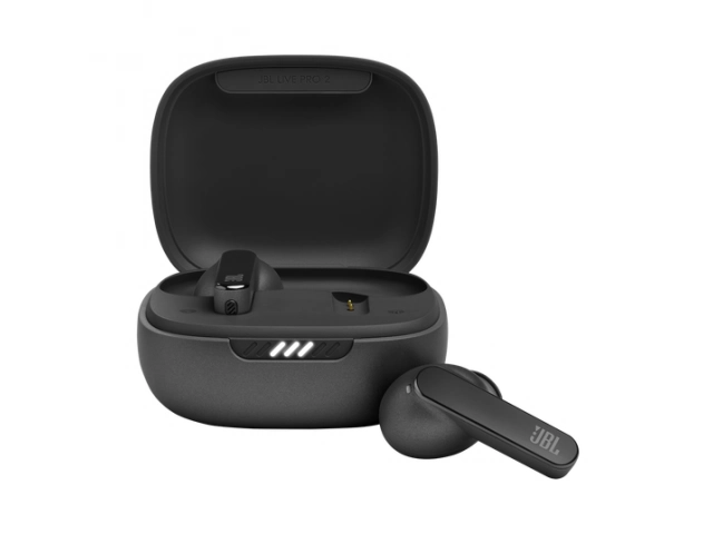 Auriculares JBL Live PRO 2 Black vistos de frente, diseño elegante y moderno.