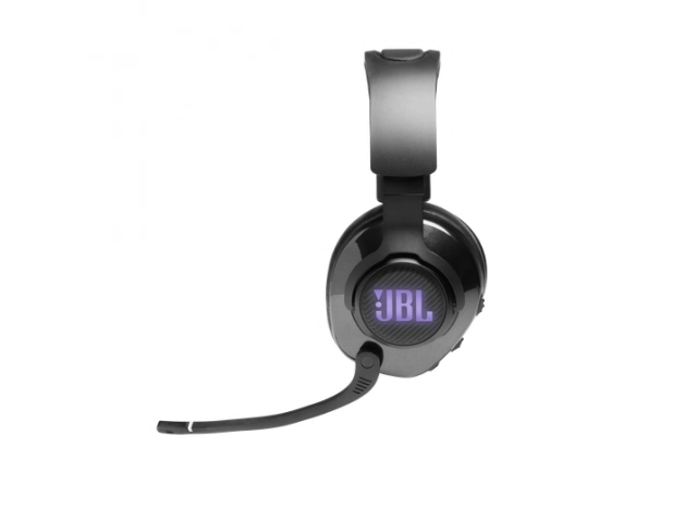 Vista lateral del JBL Quantum 400 mostrando el micrófono boom desmontable.