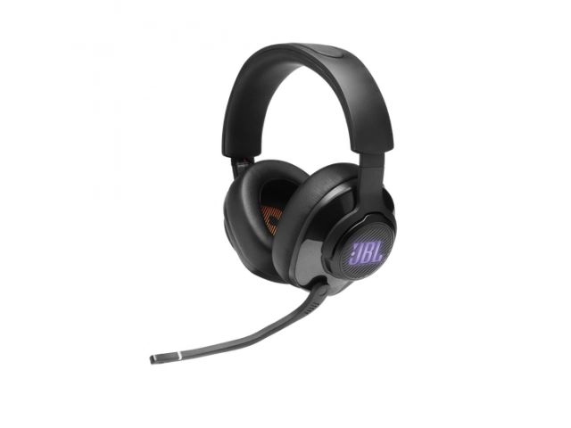 Vista lateral del JBL Quantum 400 mostrando el micrófono boom desmontable.