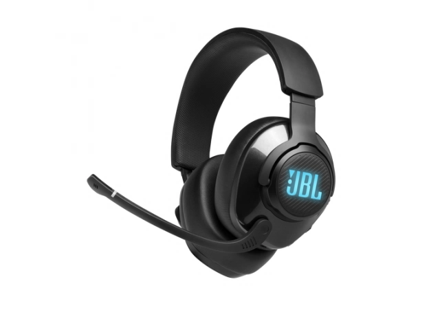 Vista lateral del JBL Quantum 400 mostrando el micrófono boom desmontable.