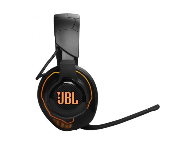Vista lateral del JBL Quantum 910 mostrando el micrófono boom y detalles de diseño.