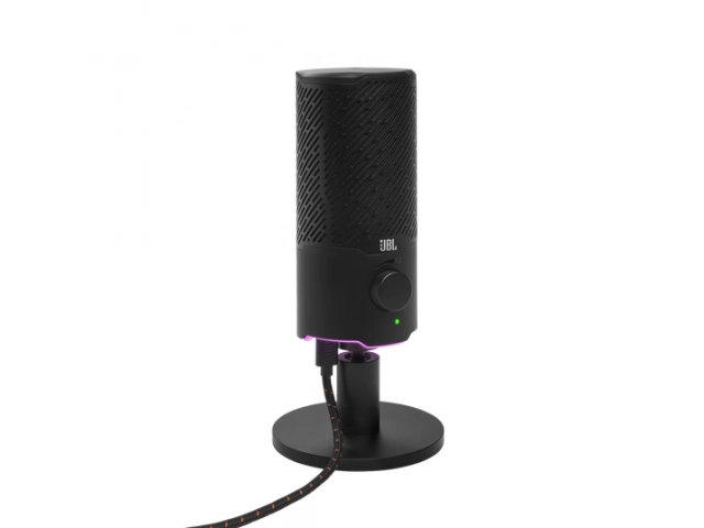 Micrófono USB JBL Quantum Stream color negro para streaming y gaming, con patrones polares seleccionables, vista frontal, en Avlis, San Carlos, Uruguay.