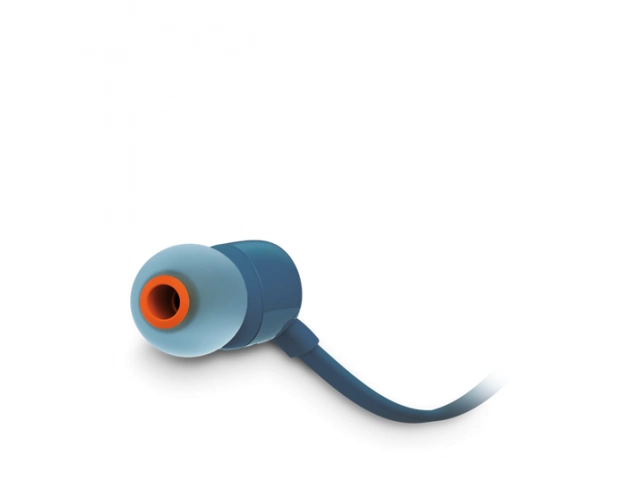 Auriculares JBL T110 Blue vistos de frente, diseño in-ear moderno y color vibrante.