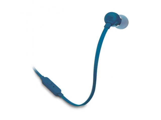 Vista lateral de los JBL T110 azules con forma ergonómica que se adapta al oído.