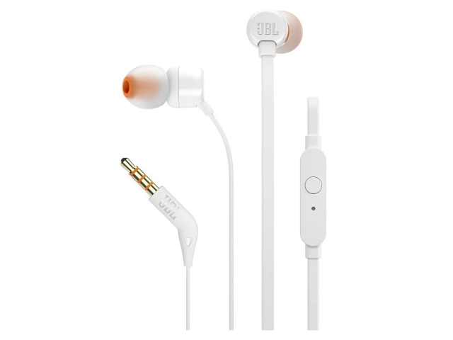 Micrófono integrado en el cable de los JBL T110 White con botón de control.