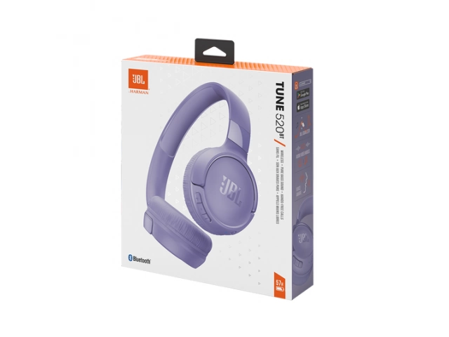 Contenido de la caja del JBL Tune 520BT Purple: auriculares, cable y manual.