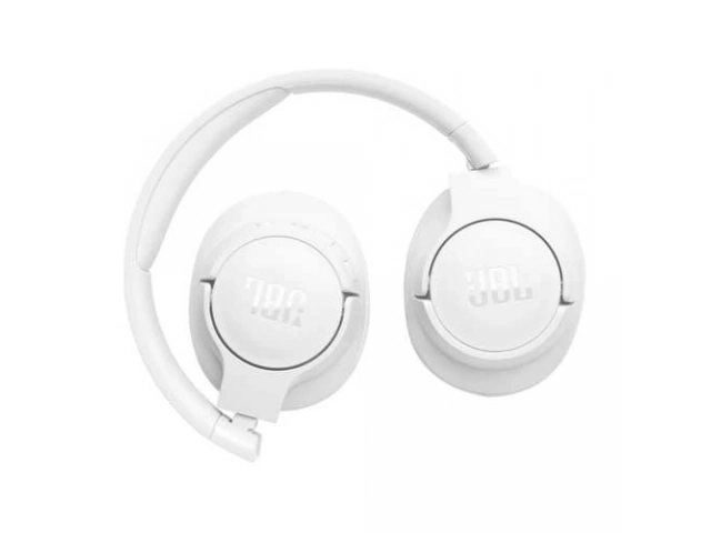 Detalle del diseño plegable, almohadillas suaves y controles en la copa de los auriculares JBL Tune 720BT blancos. Confort y funcionalidad. Avlis.