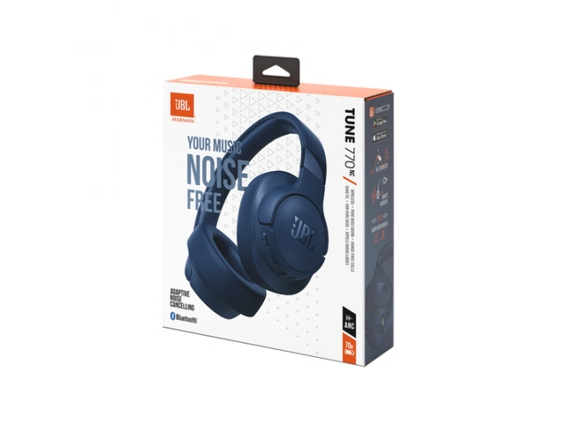 Contenido de la caja del JBL Tune 770 BT Blue con cable de carga USB-C y manual.