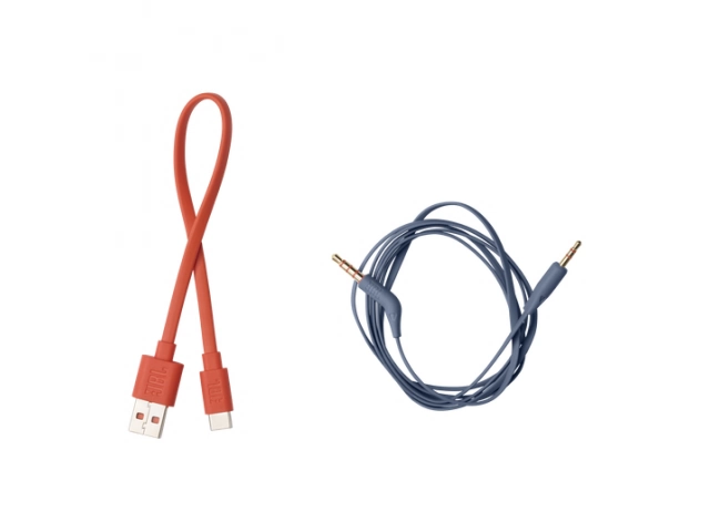 Contenido de la caja del JBL Tune 770 BT Blue con cable de carga USB-C y manual.