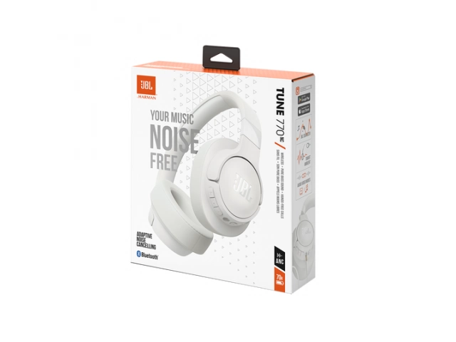 Contenido completo de la caja JBL Tune 770 BT White con cargador y manual.