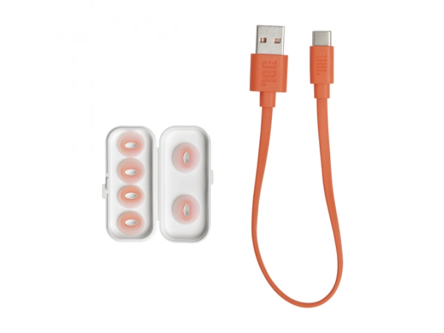 Accesorios del JBL Tune Flex White: almohadillas intercambiables, cable y manual