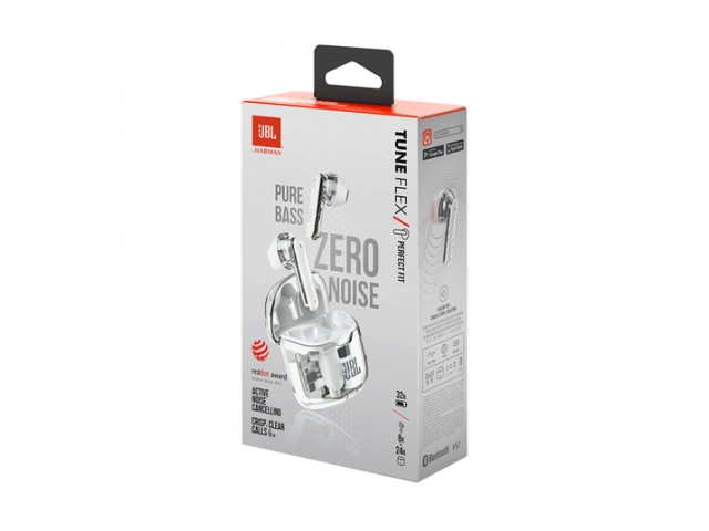 Empaque original de los JBL Tune Flex White con diseño atractivo y ecológico