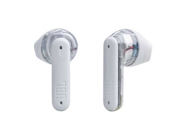 Vista lateral de los JBL Tune Flex White destacando su perfil limpio y moderno