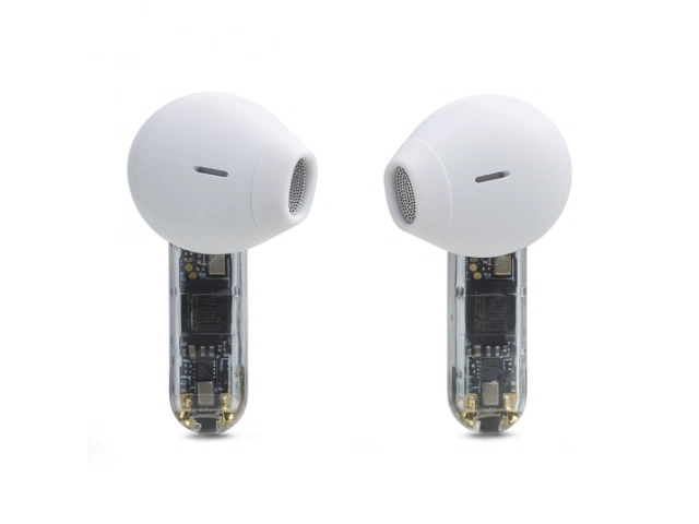 Vista lateral de los JBL Tune Flex White destacando su perfil limpio y moderno