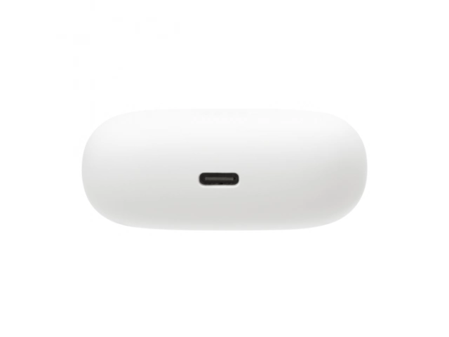 Estuche cerrado de los JBL Wave Beam 2 blancos, compacto y fácil de transportar.
