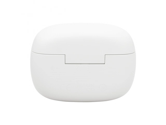 Estuche cerrado de los JBL Wave Beam 2 blancos, compacto y fácil de transportar.