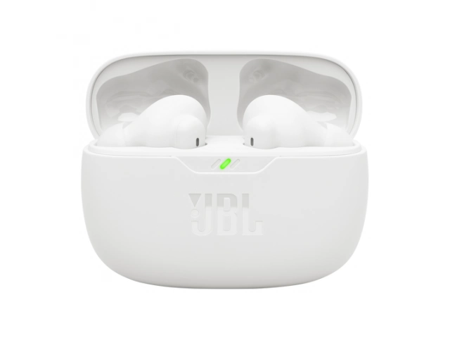 Auriculares JBL Wave Beam 2 White vistos de frente, diseño moderno y minimalista.