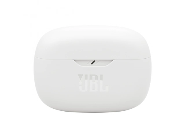 Auriculares JBL Wave Beam 2 White vistos de frente, diseño moderno y minimalista.