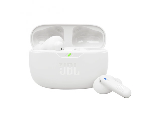Auriculares JBL Wave Beam 2 White vistos de frente, diseño moderno y minimalista.