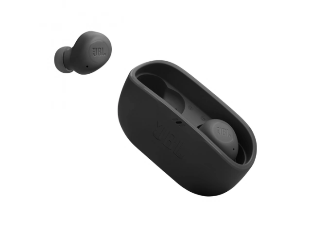 Estuche abierto con los auriculares JBL Wave Buds en color negro colocados.