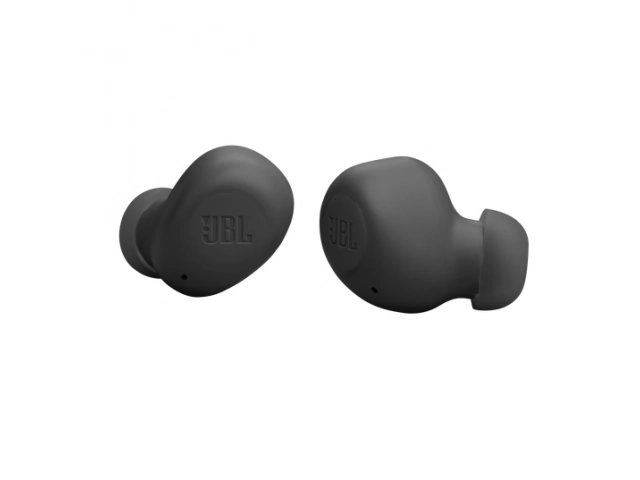 Estuche abierto con los auriculares JBL Wave Buds en color negro colocados.