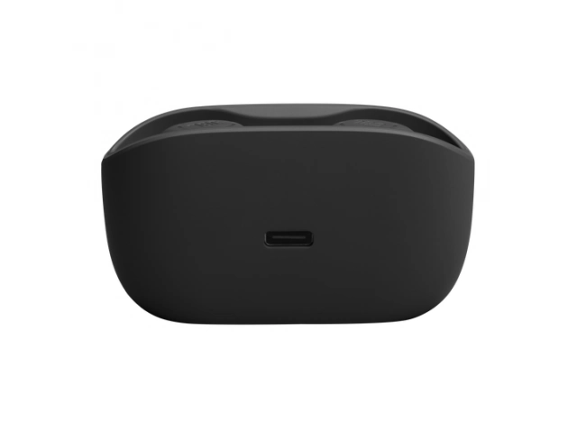 Estuche abierto con los auriculares JBL Wave Buds en color negro colocados.