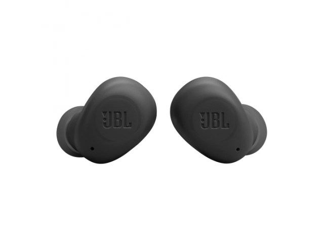 Estuche abierto con los auriculares JBL Wave Buds en color negro colocados.