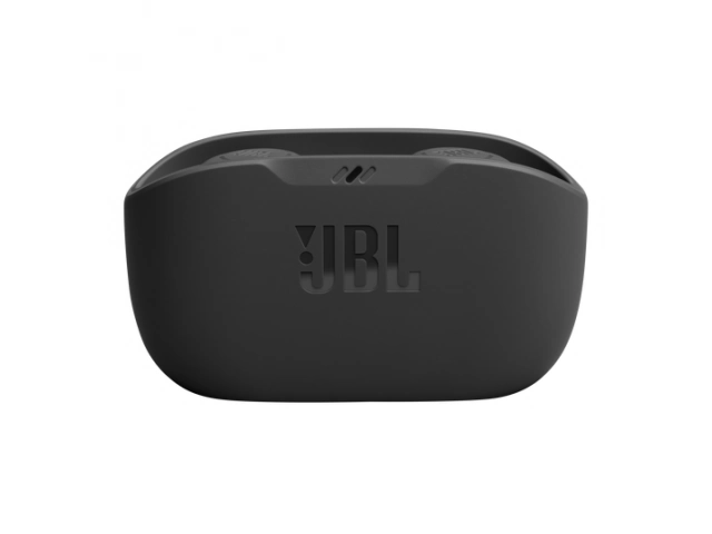 Auriculares JBL Wave Buds Black vistos de frente, diseño compacto y elegante.  