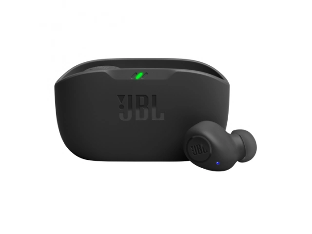 Auriculares JBL Wave Buds Black vistos de frente, diseño compacto y elegante.  
