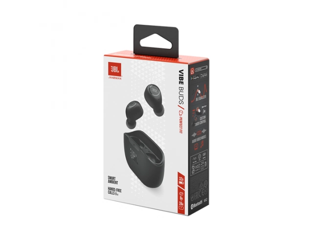 Caja original de los JBL Wave Buds Black, presentación profesional y moderna.