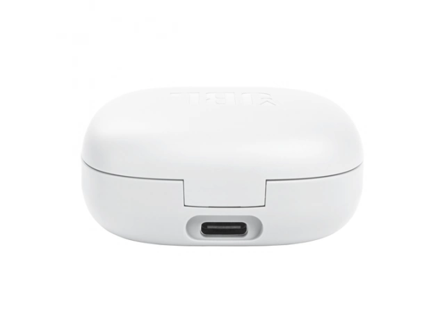 Estuche cerrado de los auriculares JBL Wave Flex blancos, compacto y portátil.