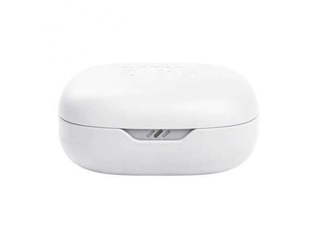 Estuche cerrado de los auriculares JBL Wave Flex blancos, compacto y portátil.
