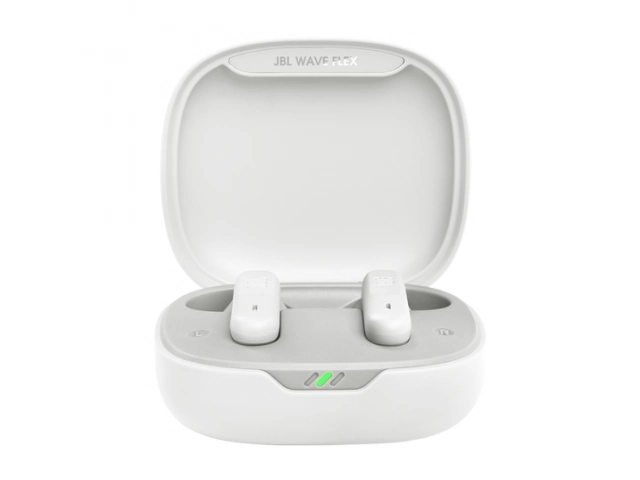Auriculares JBL Wave Flex White vistos de frente, diseño minimalista y elegante.  
