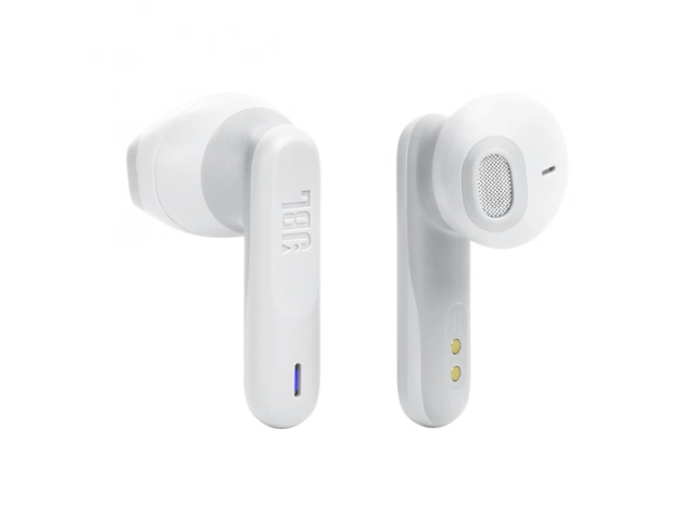 Auriculares JBL Wave Flex White vistos de frente, diseño minimalista y elegante.  