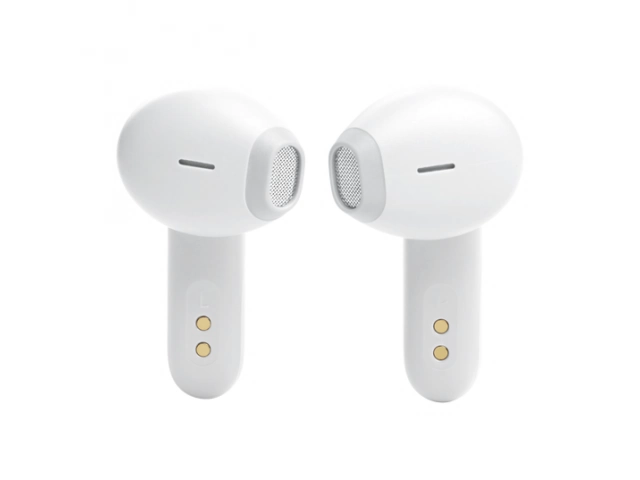Auriculares JBL Wave Flex White vistos de frente, diseño minimalista y elegante.  